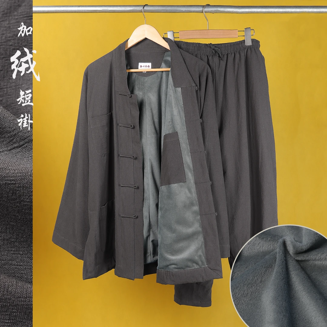 2025秋冬亚麻棉加厚免绑腿短褂套装保暖束腿小褂加绒师父居士服装