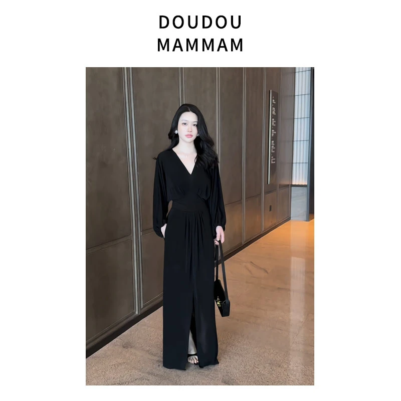 法式V领开叉长裙 黑色显瘦连衣裙