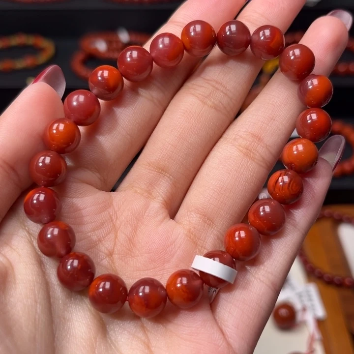 南红玛瑙未镶嵌手链牛血红柿子红双色8.5+mm圆珠手串