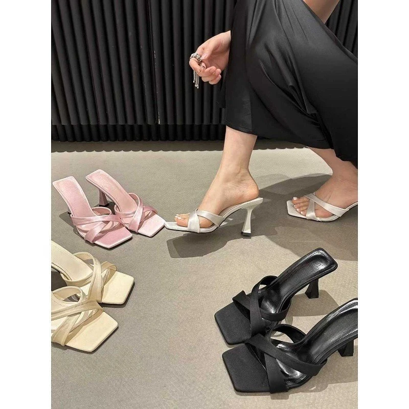 交叉带时尚百搭中跟拖鞋露趾方头细跟法式高跟凉拖鞋2025夏季新款