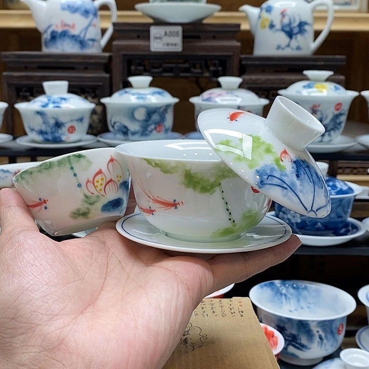 手绘五彩荷花盖碗150cc➕水缸杯釉下彩微瑕福利款