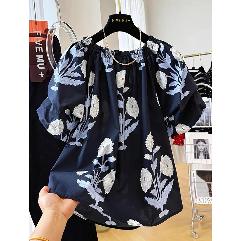 高级感轻奢复古印花泡泡短袖绝美很仙一字肩上衣女夏独特漂亮小衫