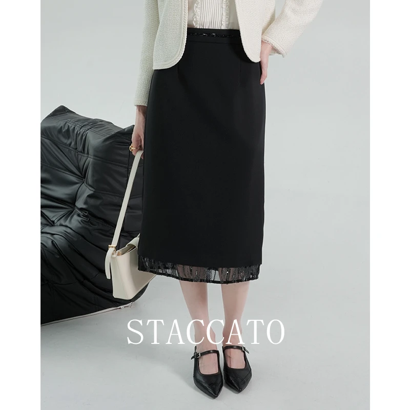 STACCATO春夏新款设计感拼接轻奢通勤半身裙女显瘦直筒中长裙