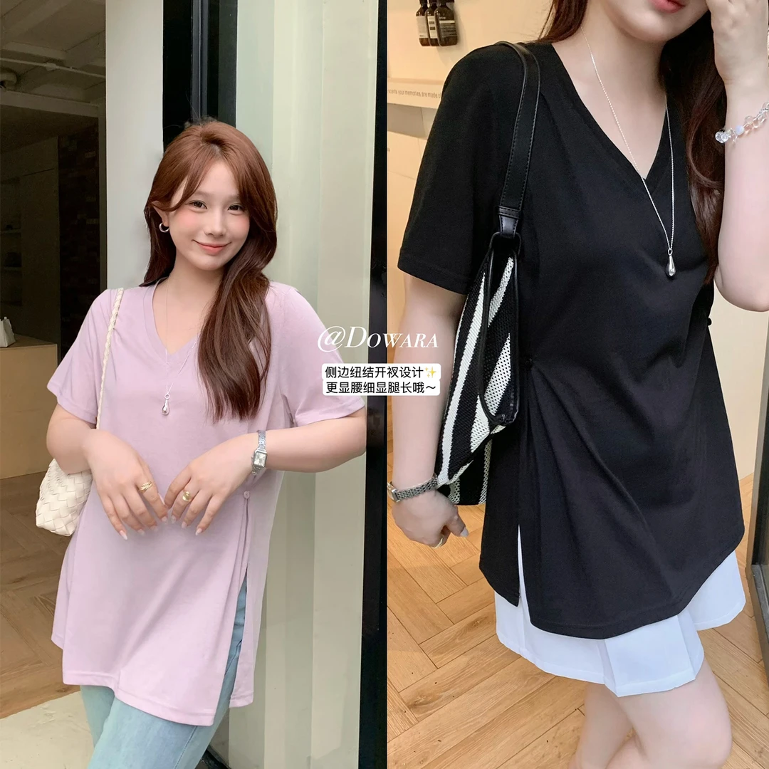 现货大婉酱微胖定制【几何呼吸】气质上衣夏日新款V领收腰T恤 9296D