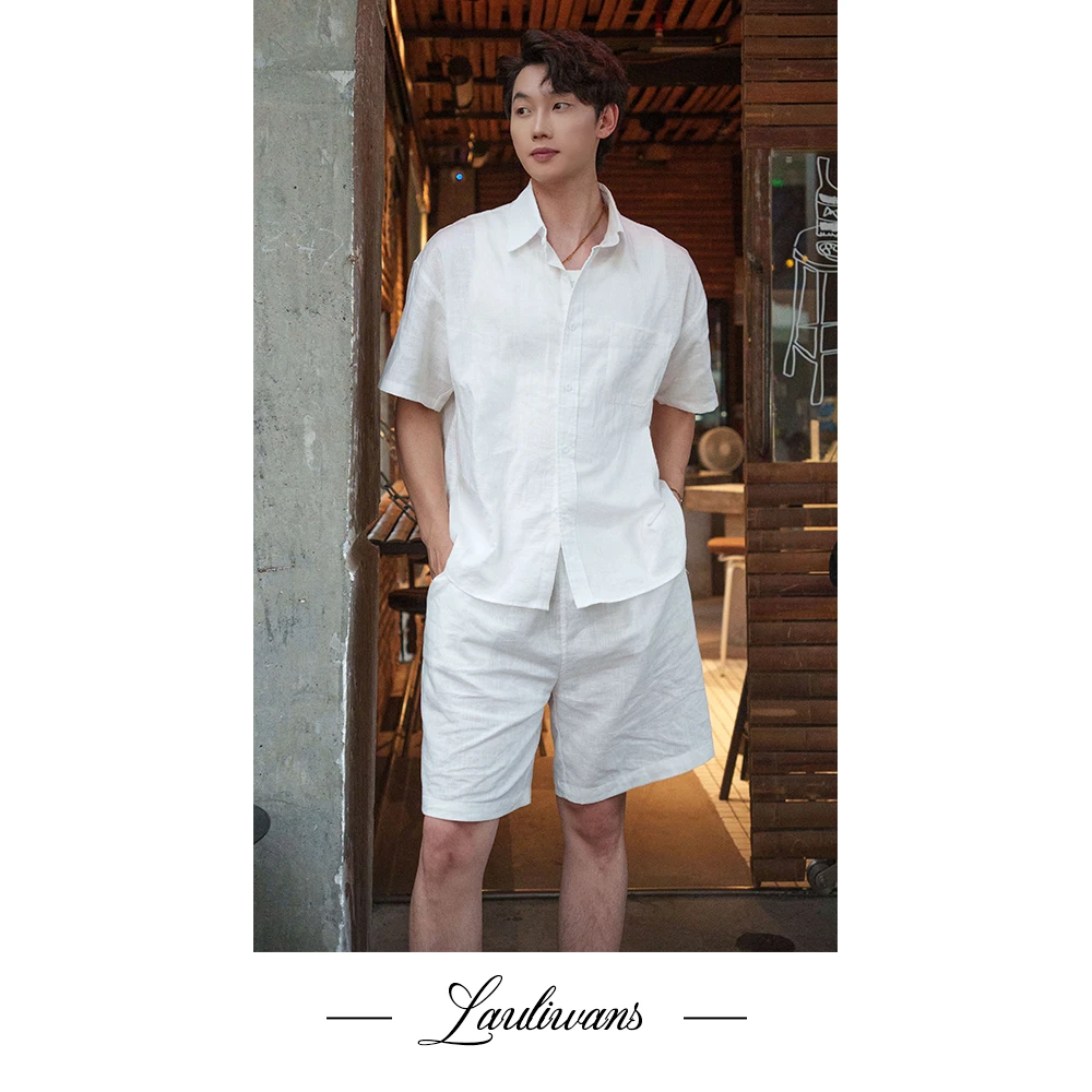 【Lauliwans】亚麻老钱风衬衫短裤两件套棉麻混纺高级感休闲简约男