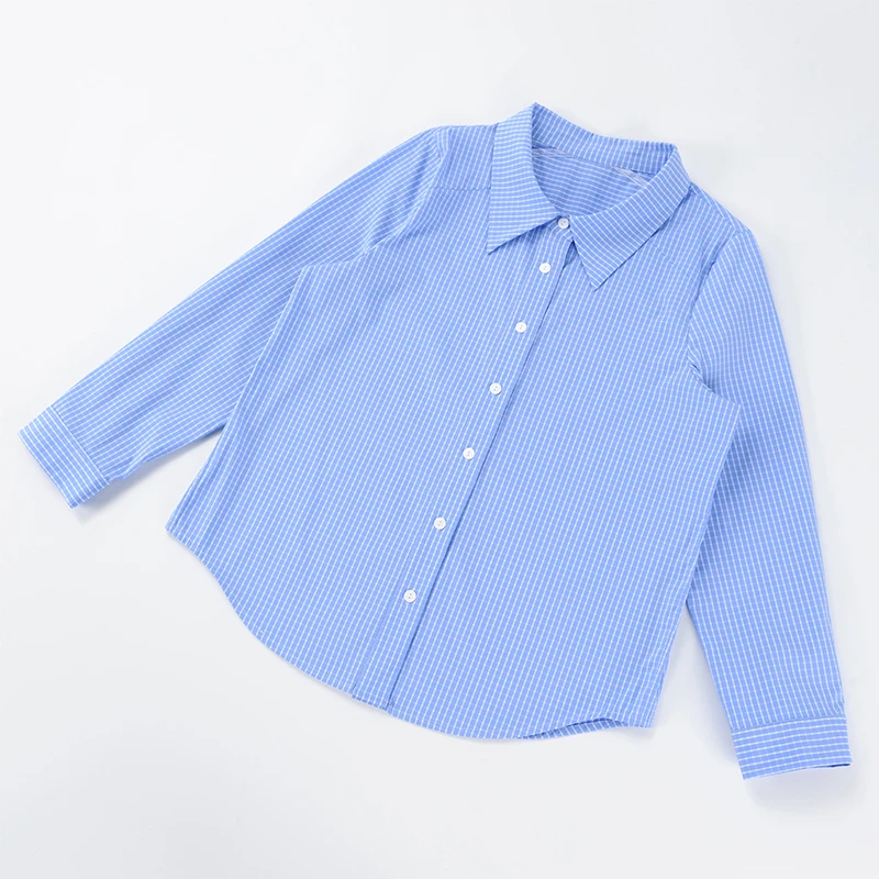 酒窝桃子浅浅微笑大码细格纹衬衫长袖正肩显瘦遮肉春季A版薄款