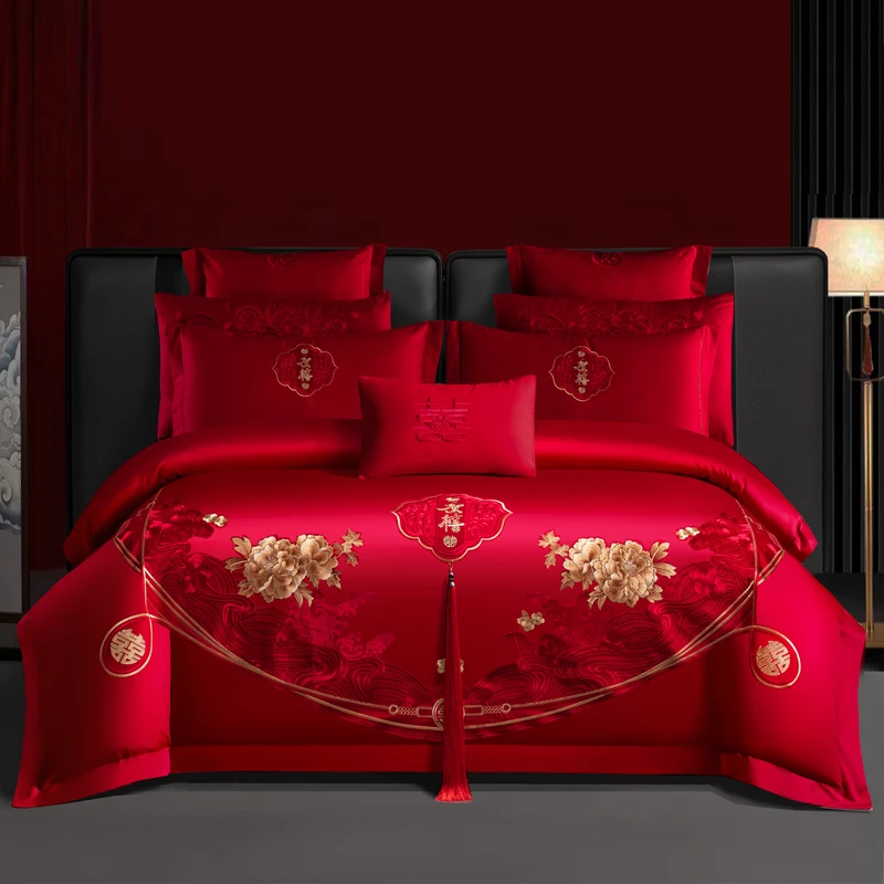 南通件套大红色全棉纯棉刺绣结婚床上用品-系列一四件套床上用品