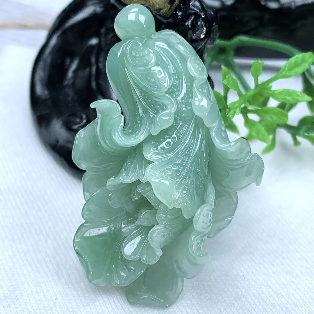 天然缅甸翡翠A货冰润满绿白菜百事来财吊坠挂件49−30.6−16.6mm