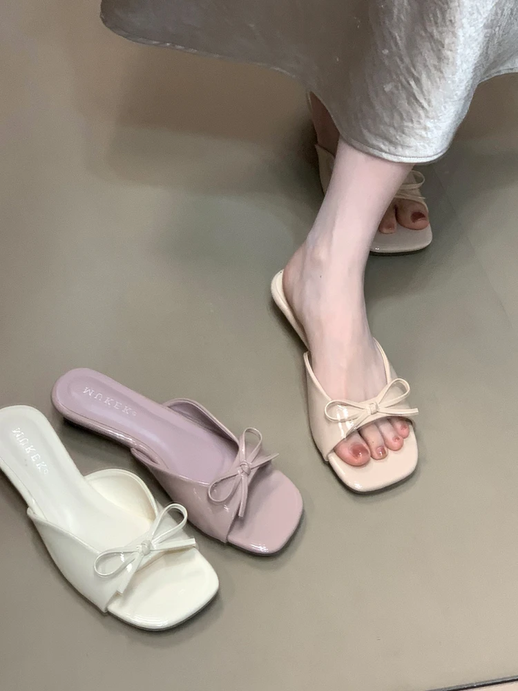 糖汀町法式低跟方头凉鞋仙女风蝴蝶结漆皮凉拖鞋外穿配裙子