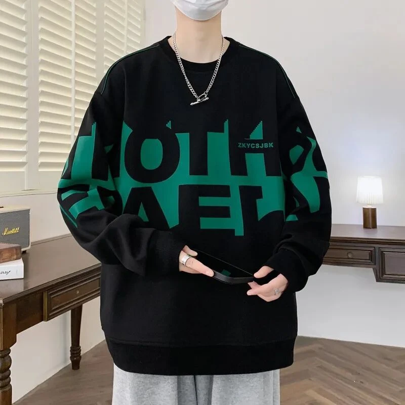 重磅卫衣男春秋款潮牌印花长袖t恤男宽松上衣青少年百搭圆领体恤T