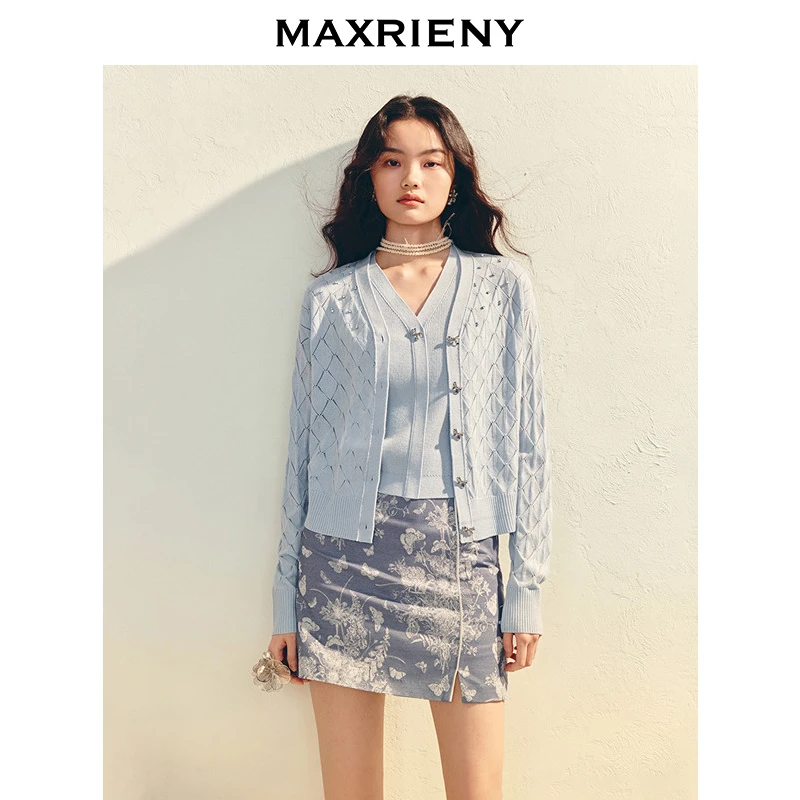 MAXRIENY蝴蝶结纽扣针织外套女25春季新款精致感修身欧若智性风