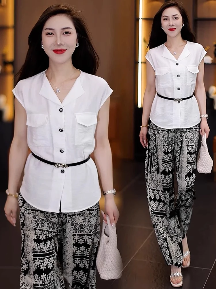 时尚套装女2025夏季新款洋气显瘦短袖V领衬衫印花阔腿裤两件套潮