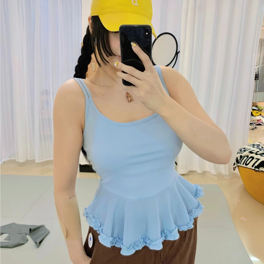 大码显瘦空气感拼纱美背花边带胸垫百搭瑜伽背心女健身运动文胸