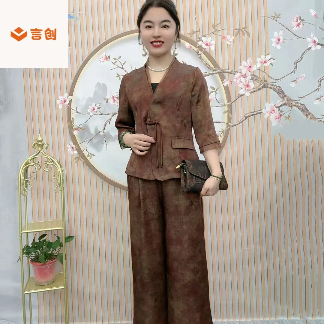 317套装气质春夏季七分袖时尚步摇盘扣水墨晕染上衣裤提花两件套