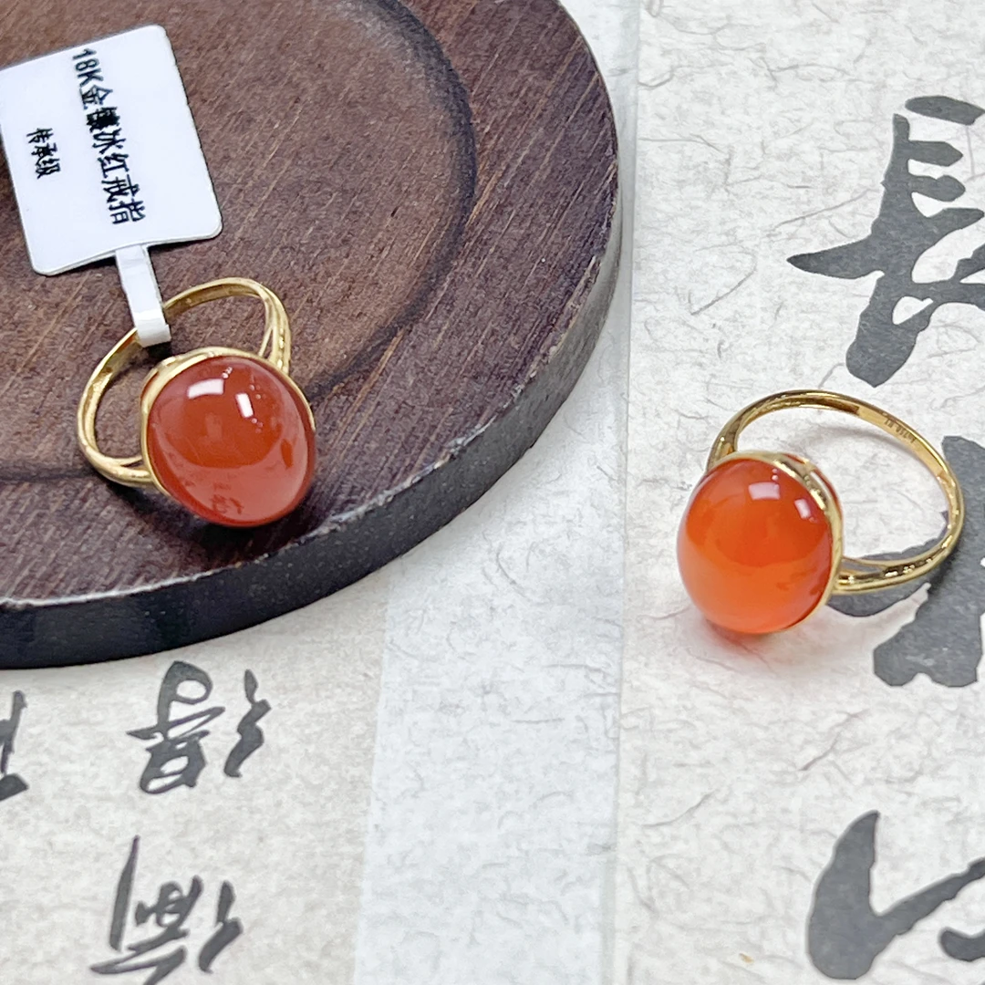 HJC93南红冰红18k金镶蛋面戒指11*13*7mm+多样性发其一