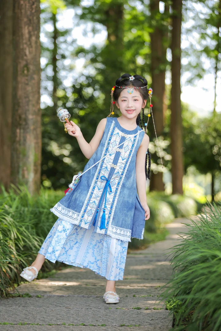 汪小荷 夏季25 中国风穿搭小女孩古风女童薄款假两件中式F52035