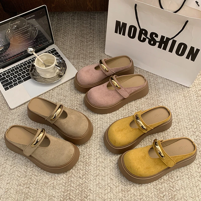 包头拖鞋女2025夏季新款松糕厚底增高一字带金属装饰平底半托