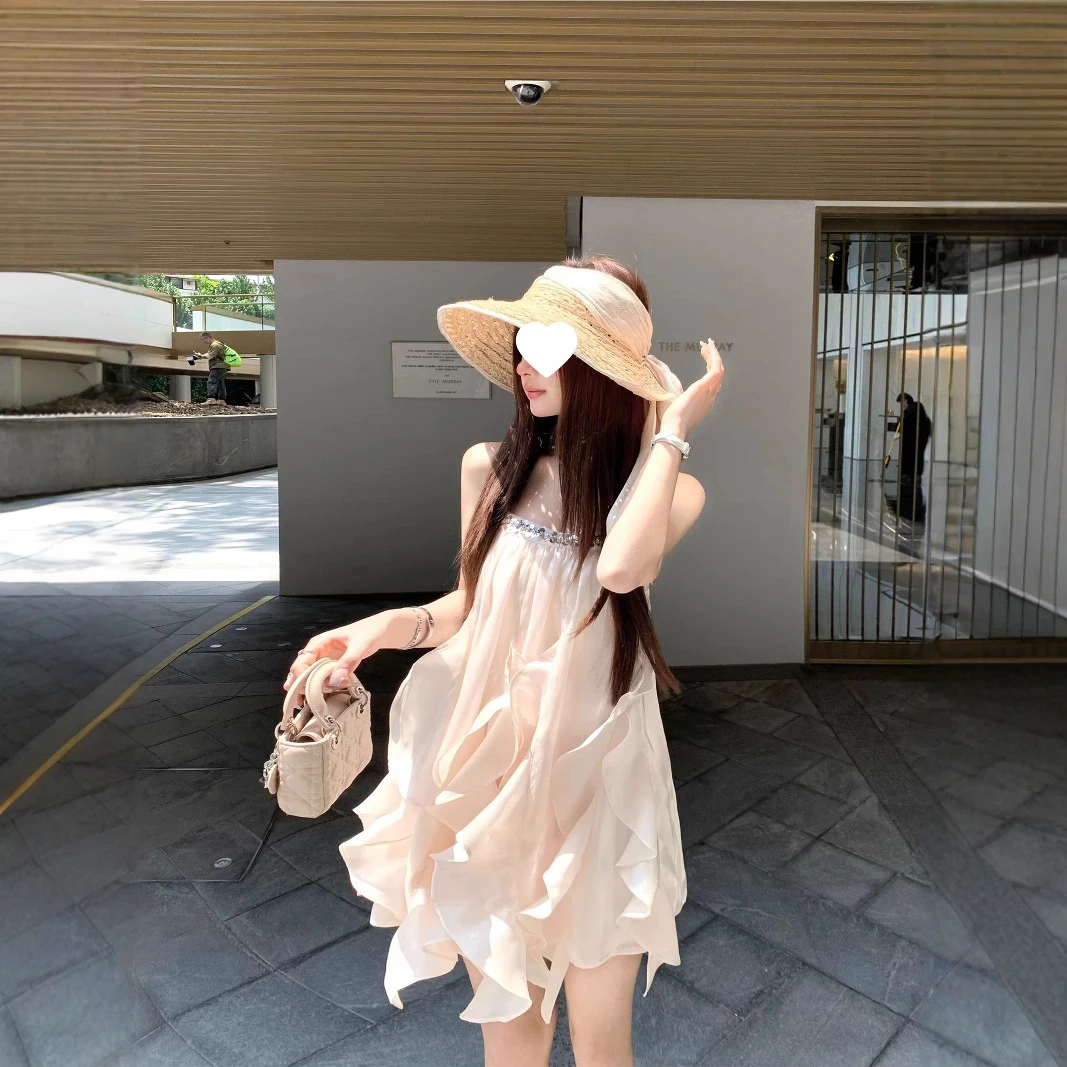 鎏光倚梦仙女人鱼姬缎面亮片刺绣不规则娃娃装连衣裙小个子短裙子