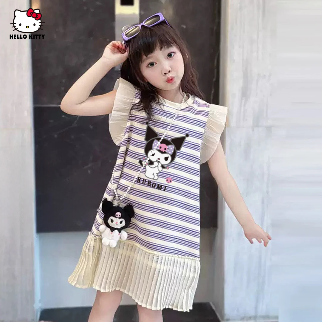 【酷洛米联名款】女童夏季连衣裙2025新款条纹卡通中大童装