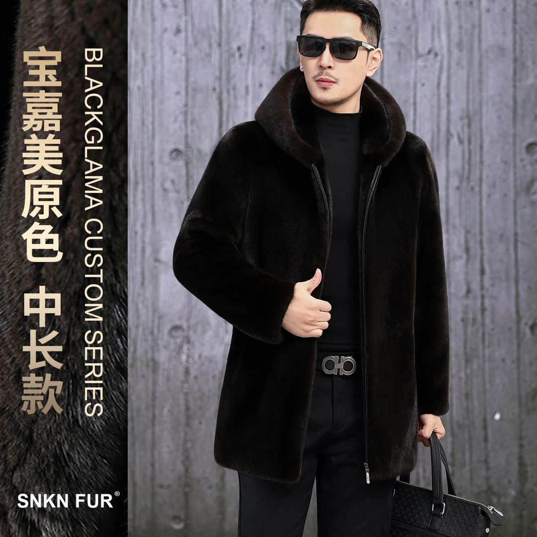 [宝嘉美中长款]美国本黑超短毛男款连帽大衣整貂皮外套本色真貂皮