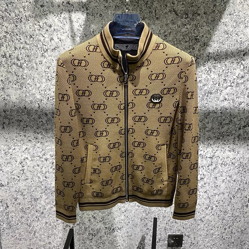 欧货男士休闲百搭针织提花拼接立领轻薄夹克轻奢修身外套99096