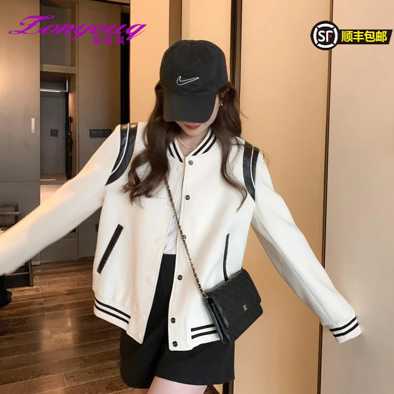 紫雨琪白色短款棒球服外套女春秋2025新款韩系别致甜酷撞色拼接pu