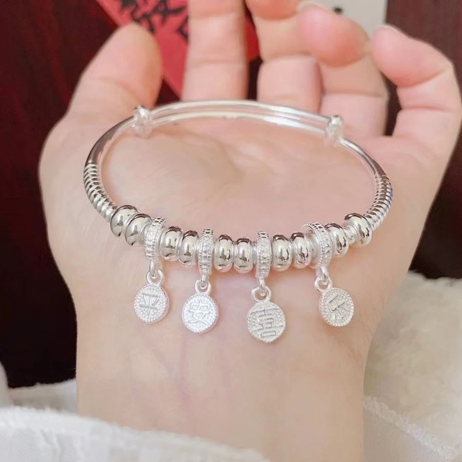 足银手镯 平安喜乐手镯女串珠手环国风小众设计感时尚气质女友