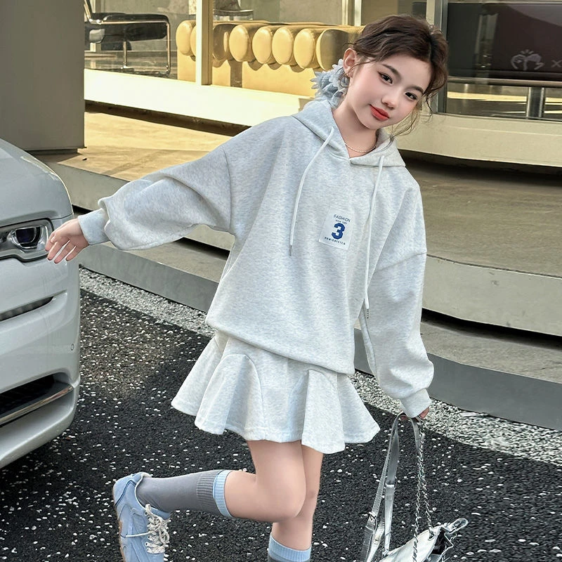 女童连帽卫衣春秋款套装2025新款儿童学院风百褶裙两件套运动春装