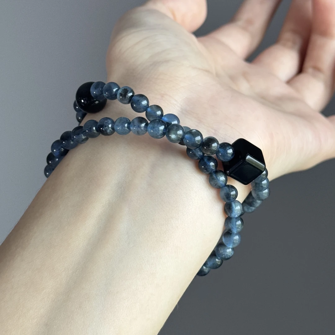 【降火】天然海蓝宝石魔鬼蓝手串水系手串手链喜水黑曜石双圈手串