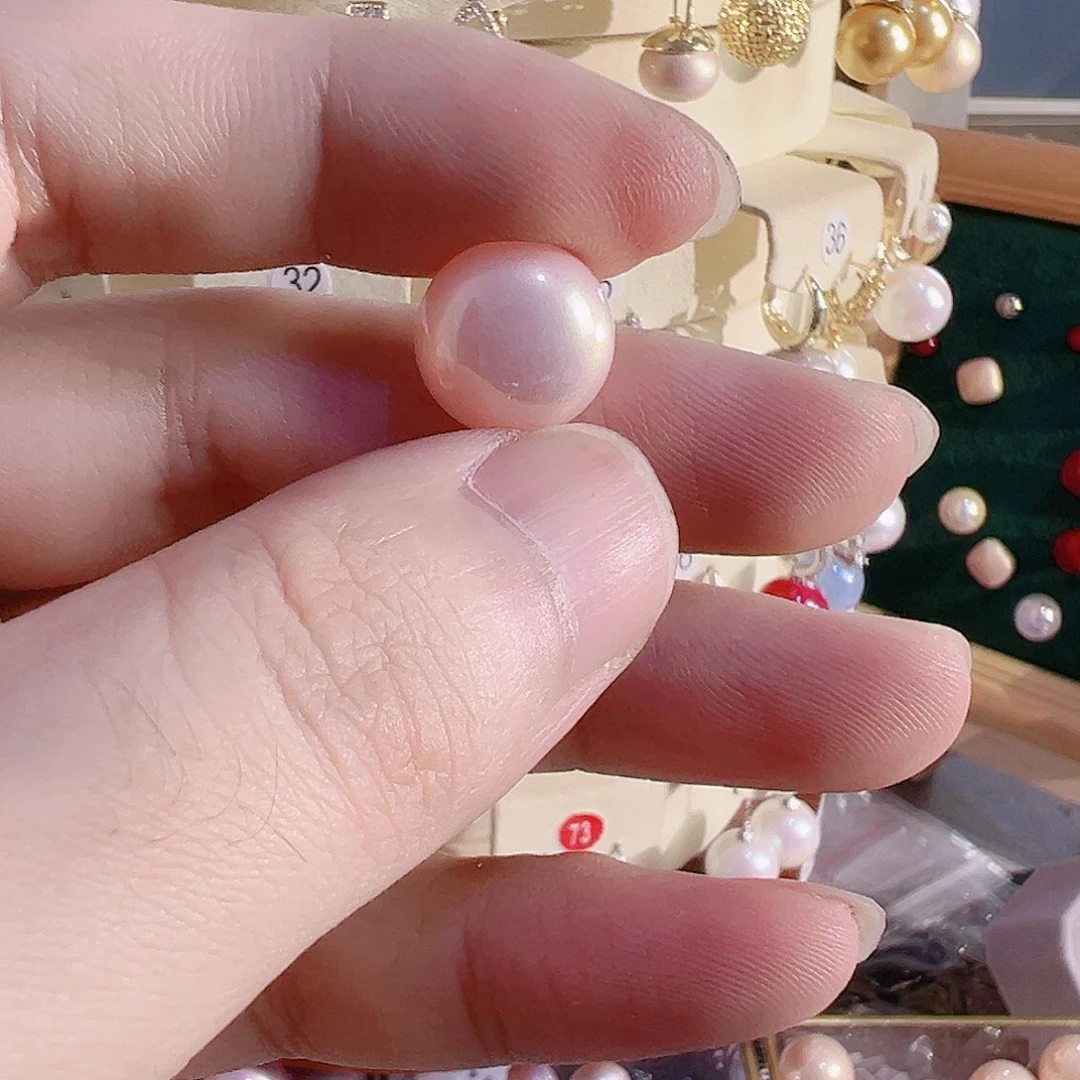 非金属925银仿珍珠卡14馒头珠粉色耳钉一对银色耳针