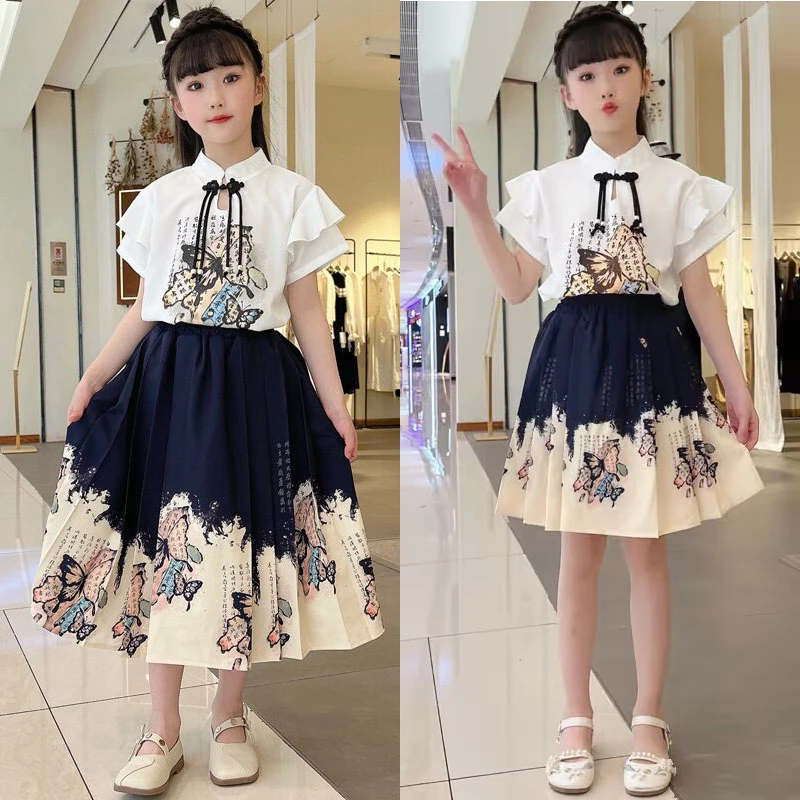 女童汉服套装2025年夏季新款中大童洋气百搭时尚蝴蝶印花女孩套裙