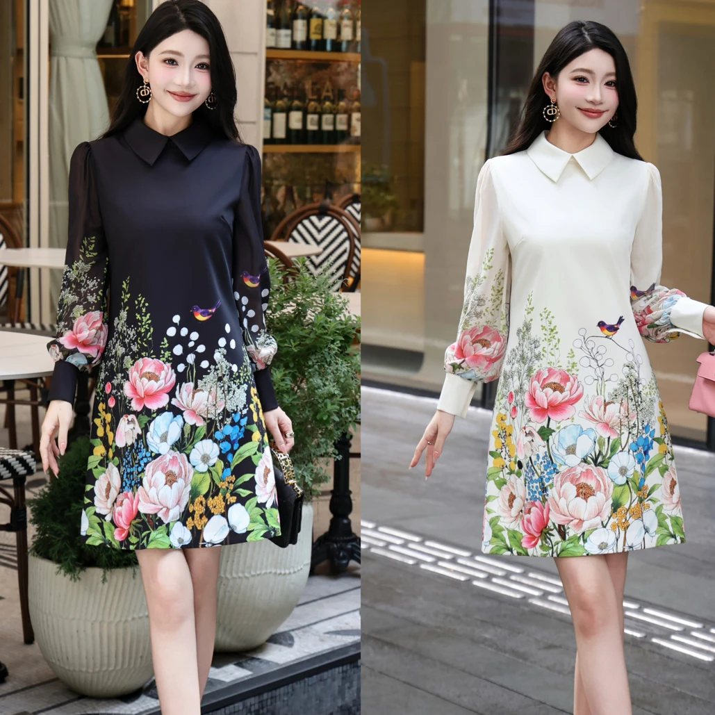 鸟趣花盈25秋女时尚重工定位鸟儿嘻花印花翻领拼接透明袖A字裙