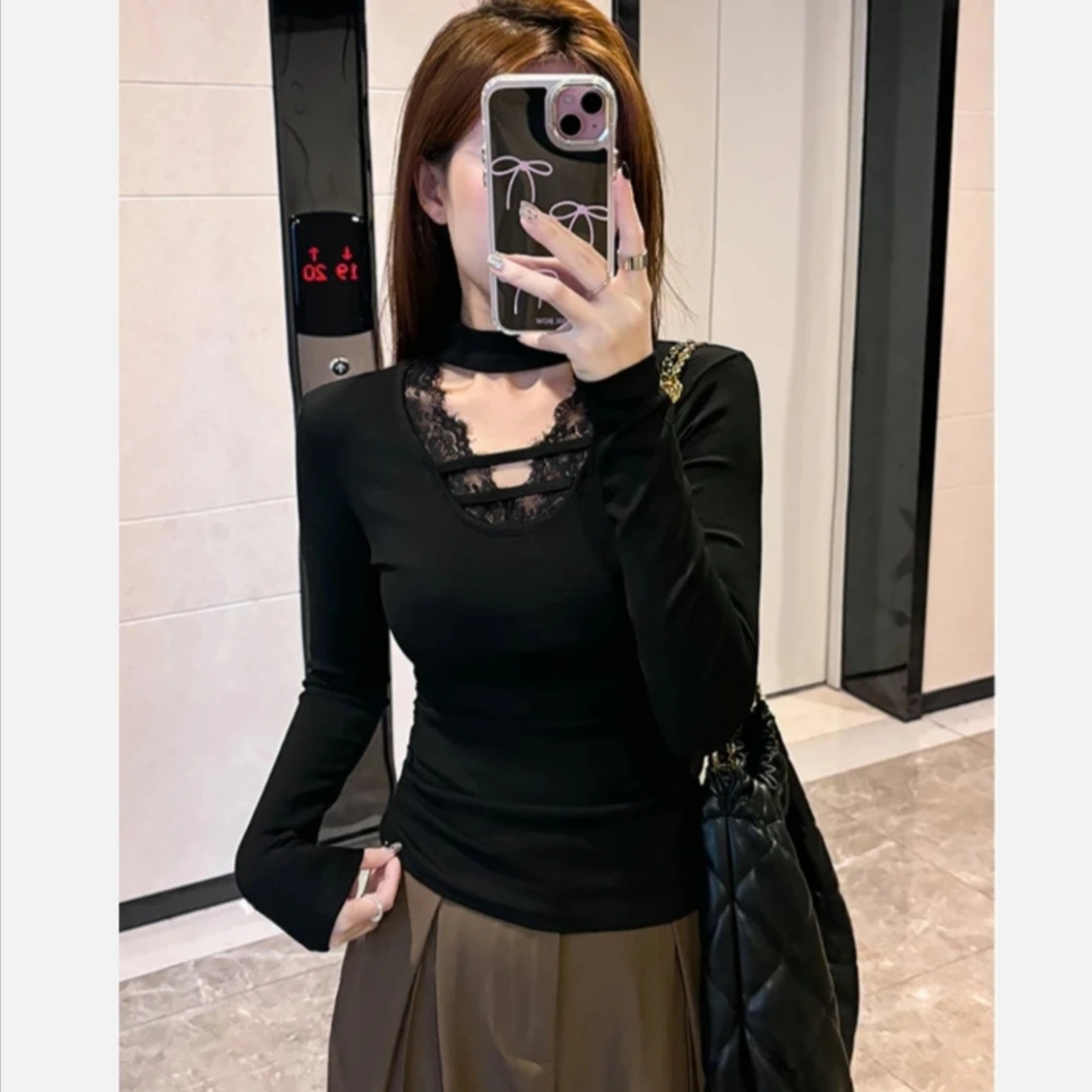 春季新款V领蕾丝收腰显瘦气质修身加绒长袖高弹打底上衣T恤