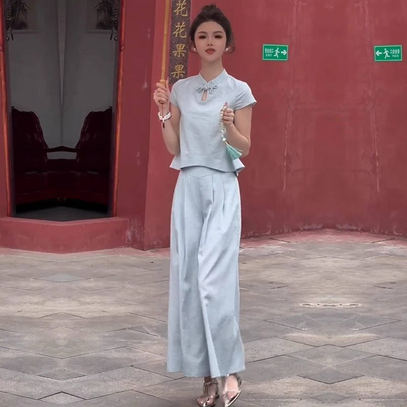 新中式国风套装女2025夏季新款盘扣短袖上衣高腰阔腿裤两件套潮