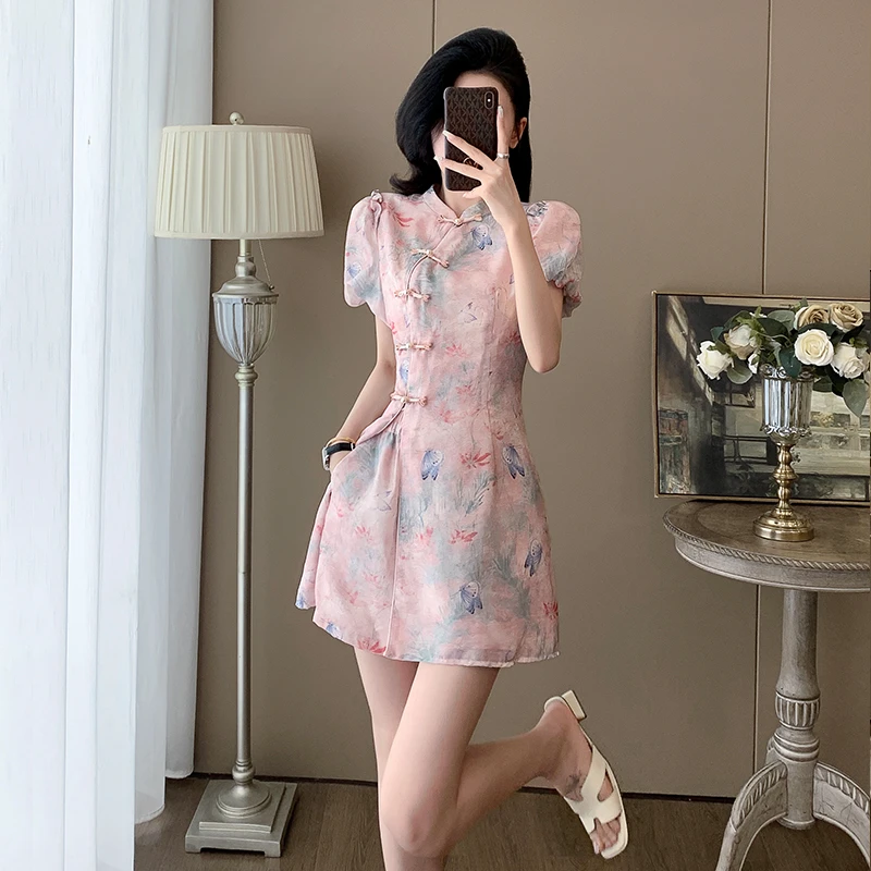 夏季减龄时尚绝美修身旗袍短裙气质改良新中式国风印花盘扣套装女
