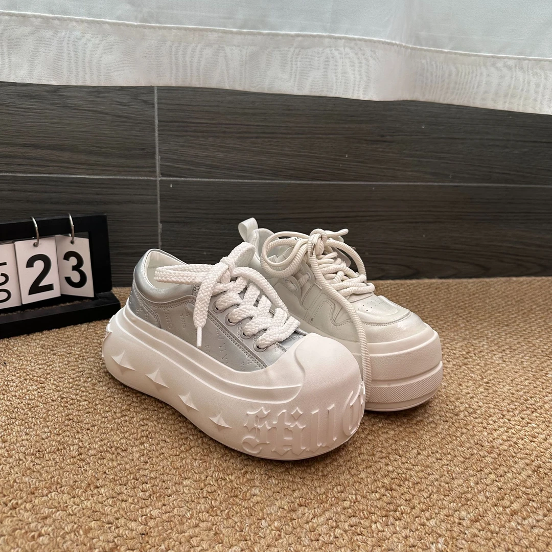 珠光擦色金色字母厚底松糕休闲面包鞋溶解鞋小个子6cm小白鞋女鞋