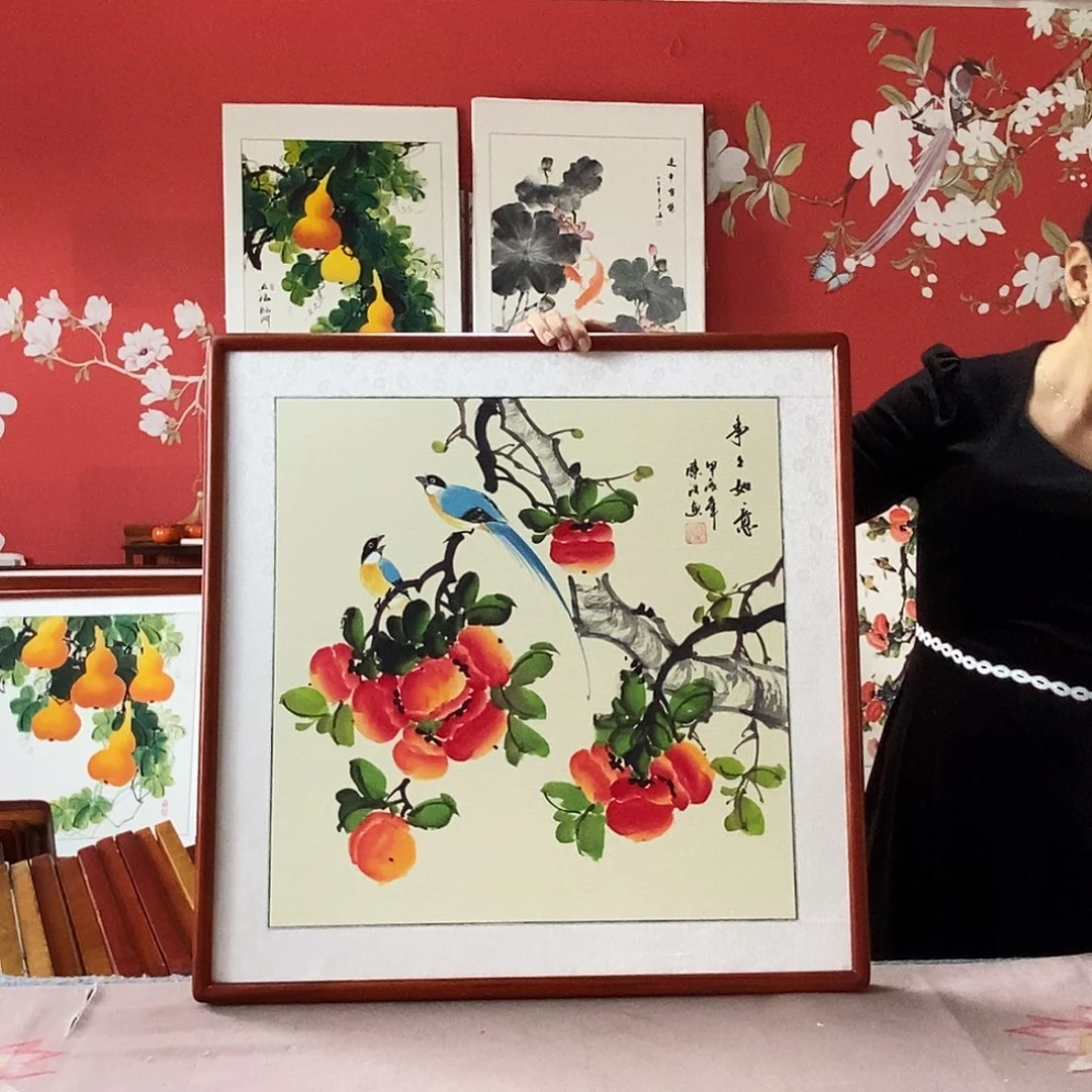 国画手写手绘国画作品带框包邮62✖️62