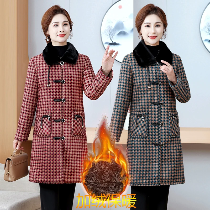 棉衣棉服保暖女中长款中老年冬季冬装加厚大码秋冬外套棉袄格子