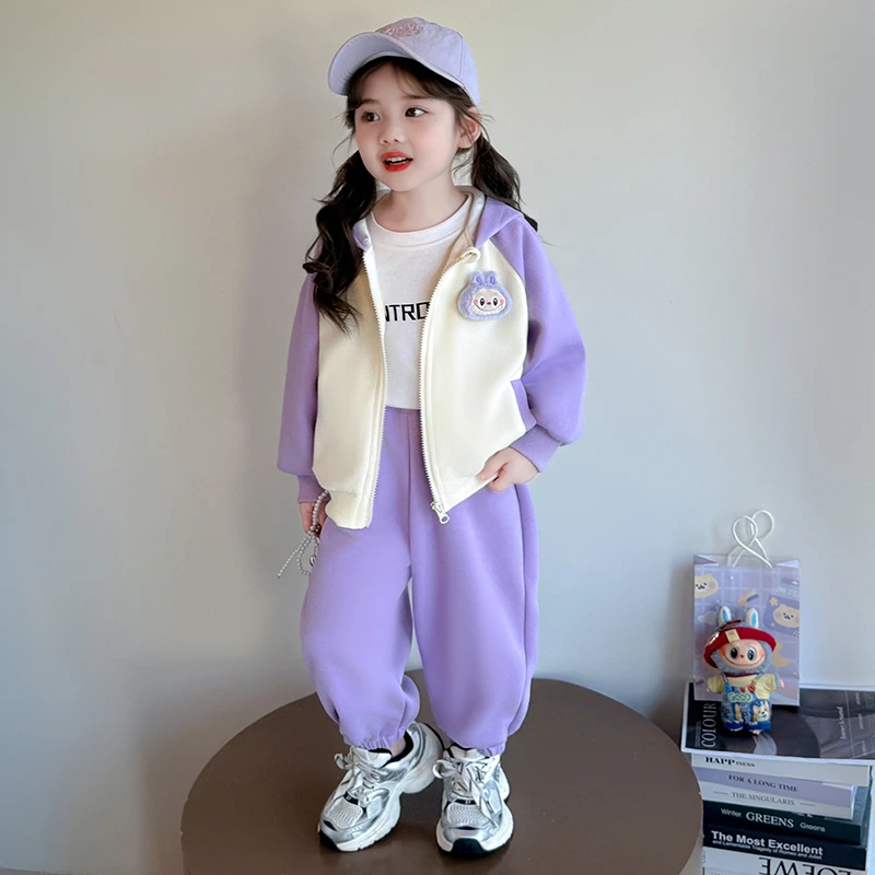 拉布布女童套装春秋新款25连帽外套两件套labubu童装幼儿园运动装