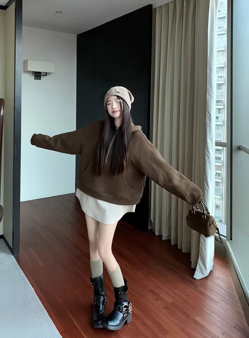 原版高品质加绒加厚连帽卫衣女秋冬新款慵懒风百搭时尚宽松外套