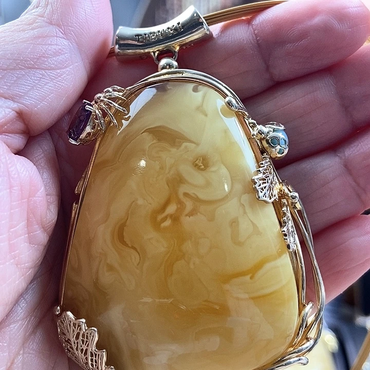琥珀银S925镀金镶嵌颈饰吊坠