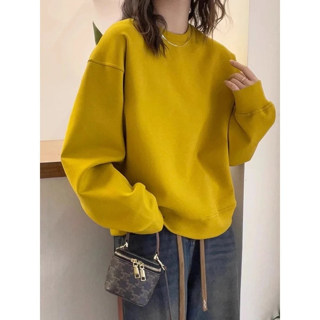 黄色时尚洋派圆领厚棉T女春秋新款慵懒休闲 春秋长袖女士宽松上衣