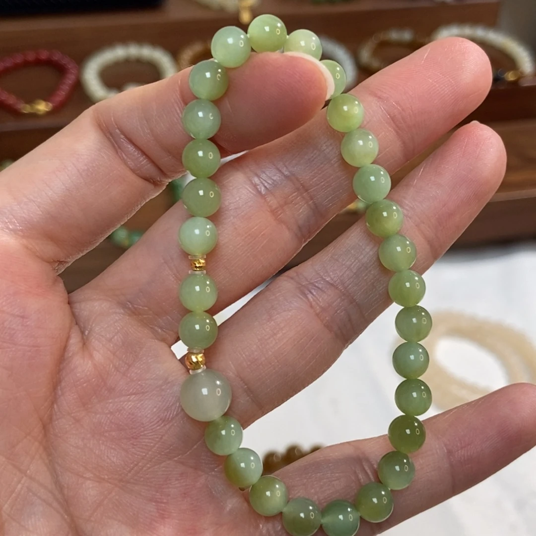 和田玉18K金镶嵌手链6mm黑阳洞碧玉