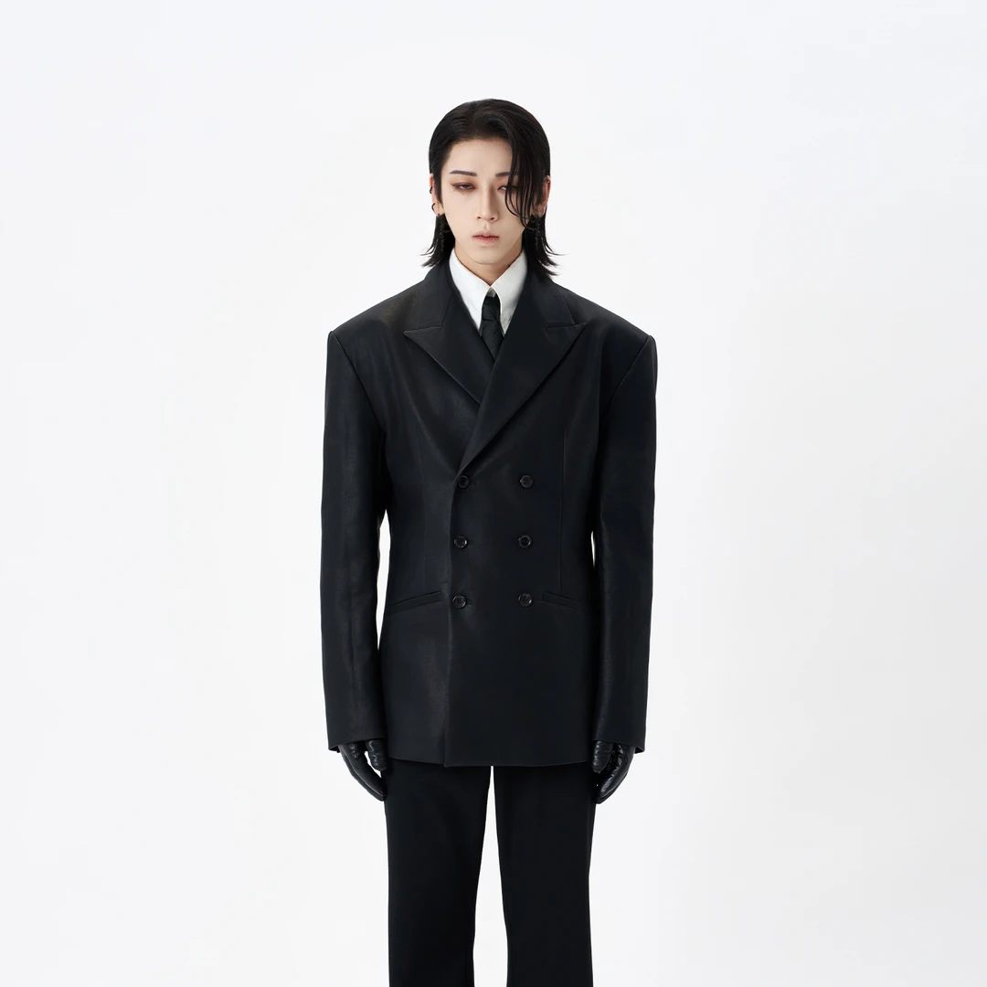 HARH“不羁夜曲”定制仿小羊皮黑色西装戗驳领双排扣垫肩皮衣外套