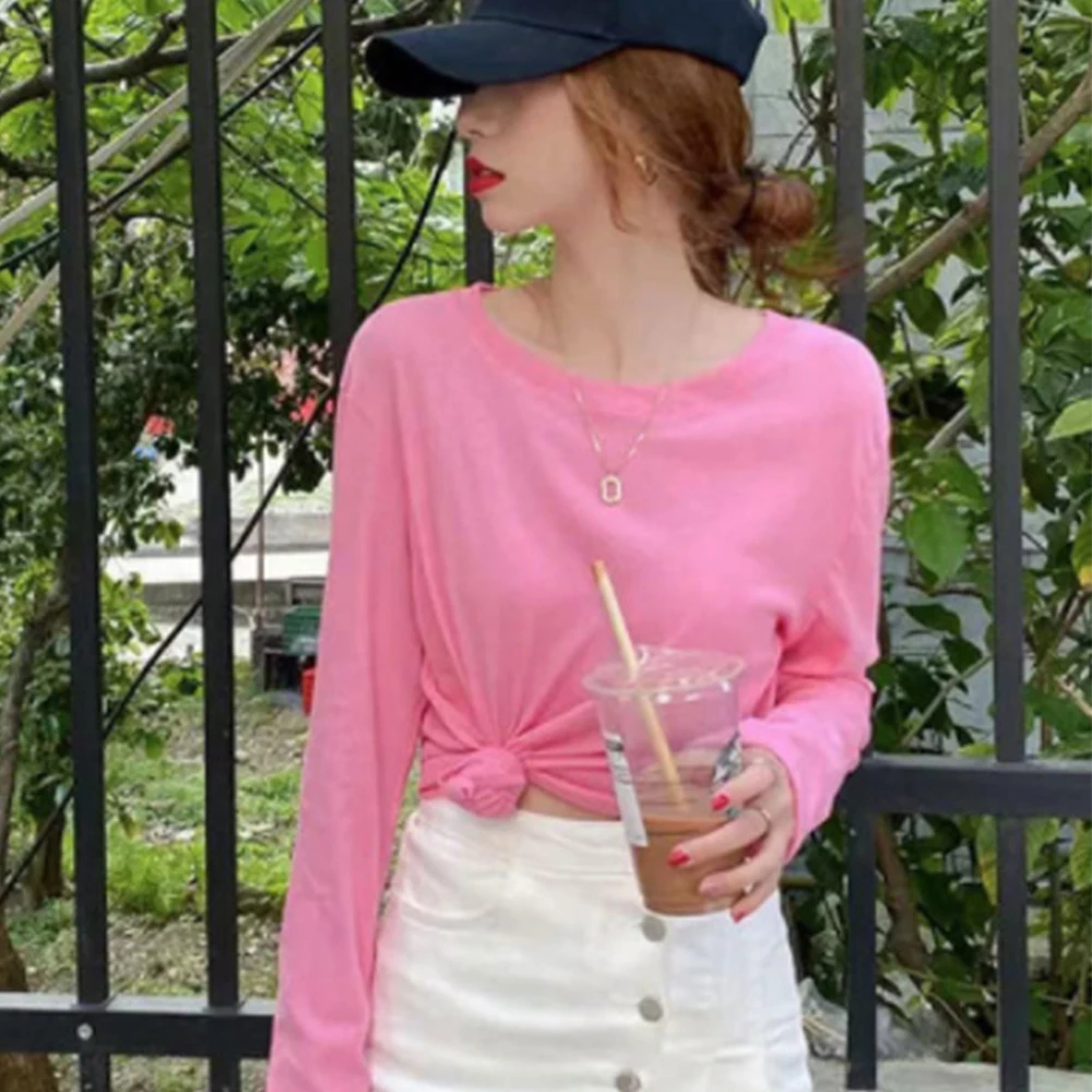 冰丝防晒长袖T恤女夏季薄款宽松休闲空调罩衫套头基础款外搭上衣