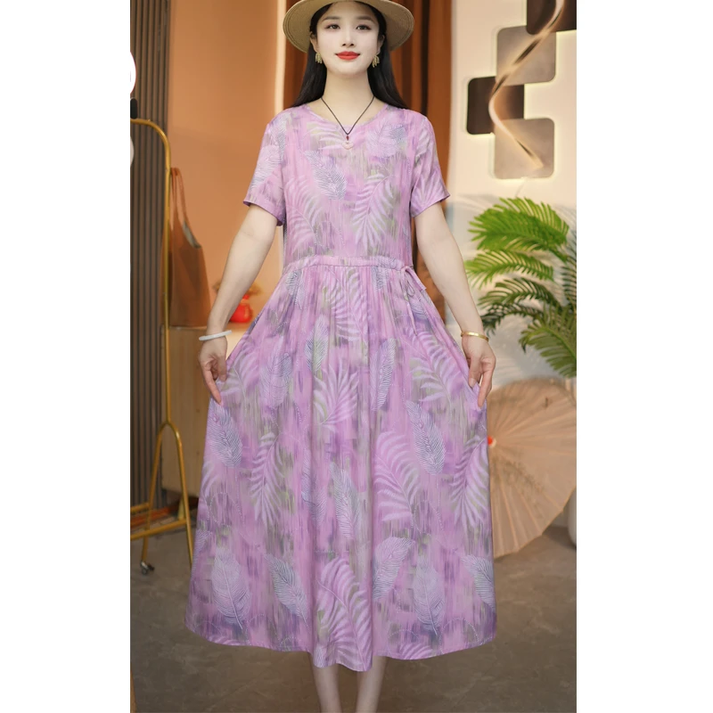 紫苏妈妈装中长款棉绸裙子夏季新款时尚短袖系带大码连衣裙