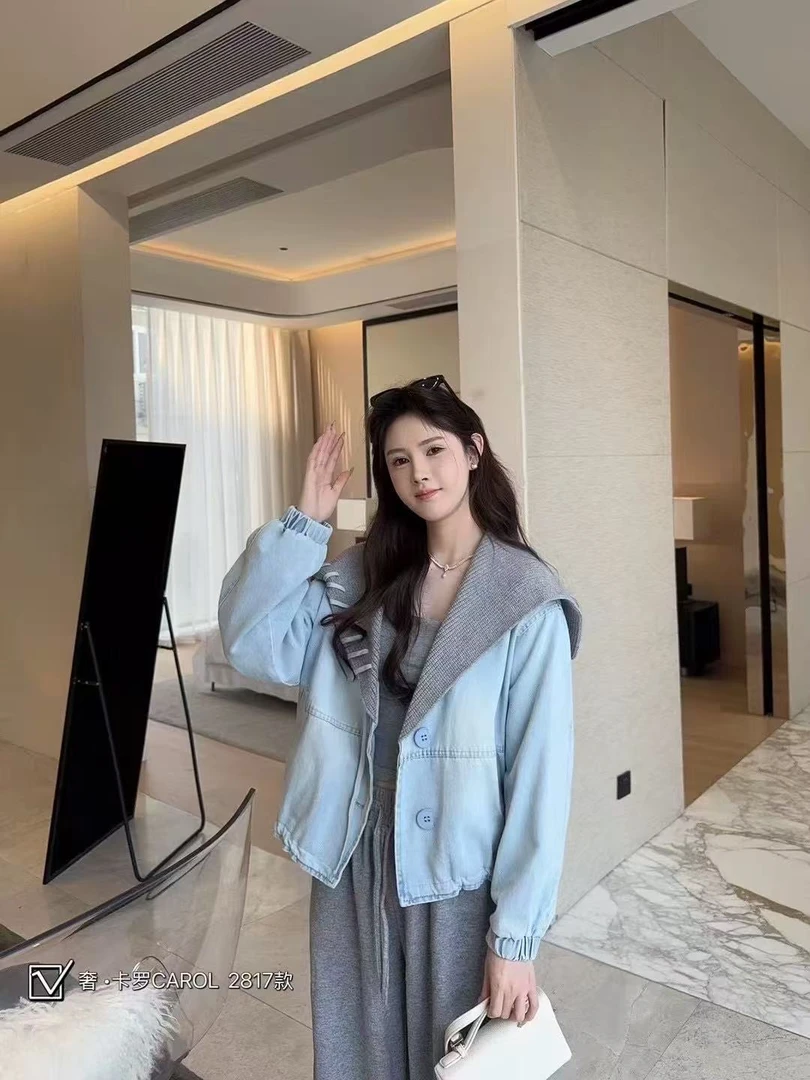 韩系时尚海军大翻领牛仔短款休闲宽松外套2025年春季新款