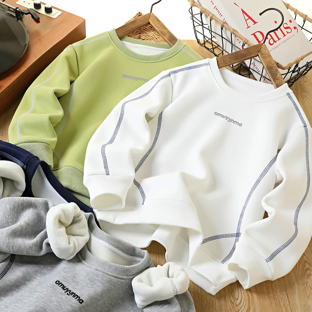 男童圆领加绒卫衣中大童秋冬新款一体绒加厚保暖上衣