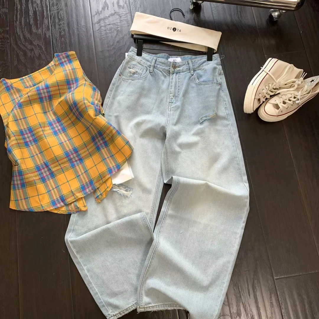 『雨美 Show』89813时尚百搭破洞直筒牛仔裤