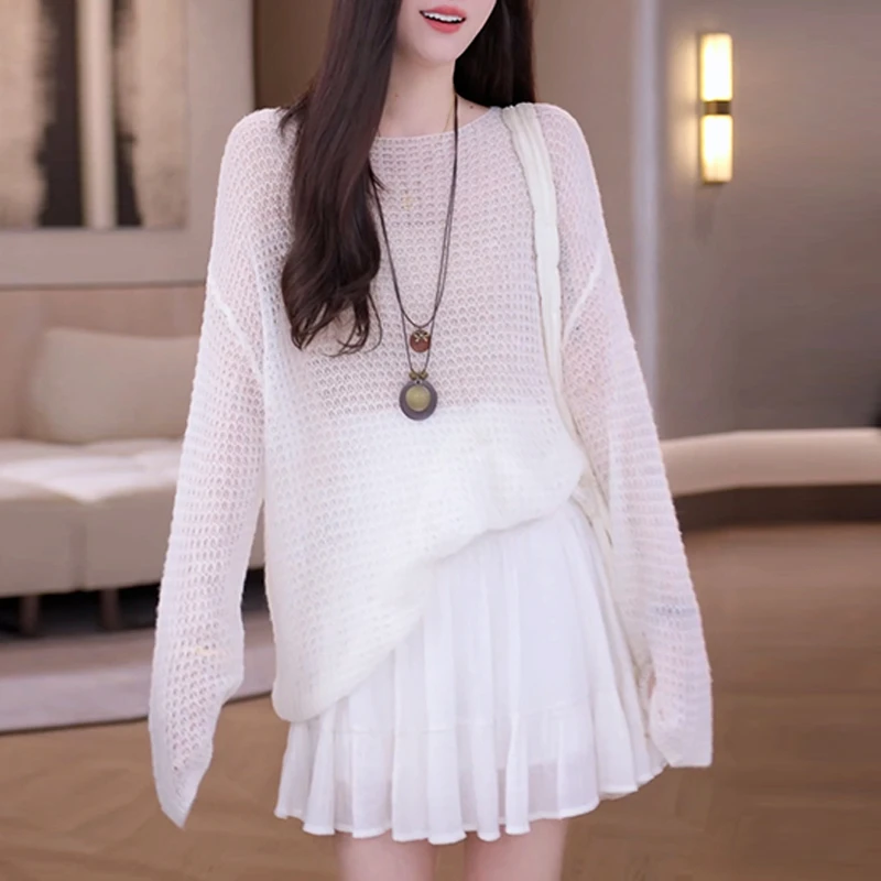 韩系甜美薄款镂空长袖针织t恤女2025春秋新款休闲百搭打底衫上衣